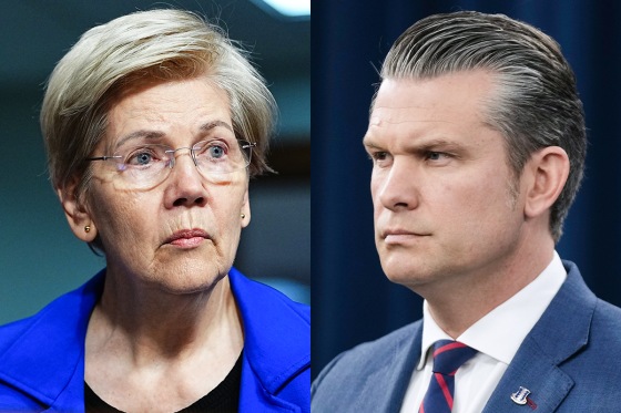 A split composite image of Elizabeth Warren, left, and Pete Hegseth