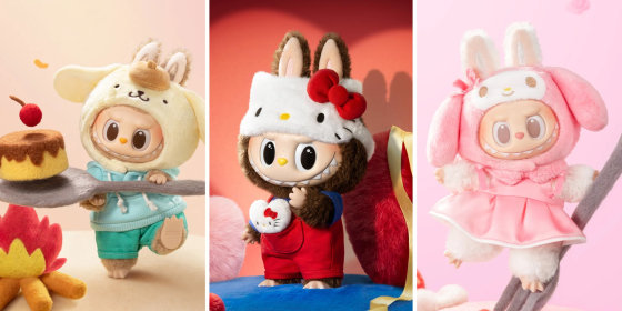 The Labubu x Hello Kitty collab features six different bag charms and one Hello Kitty plush doll. 
