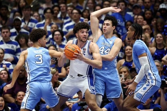 Duke's Cameron Boozer posts up against the North Carolina Tar Heels during the first half of a game at Cameron Indoor Stadium in Durham, N.C., on March 7.