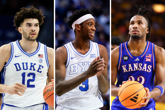 A split composite image of Cameron Boozer, left, AJ Dybantsa, and Darryn Peterson