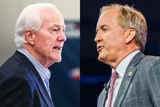 A split composite image of John Cornyn, left, and Ken Paxton