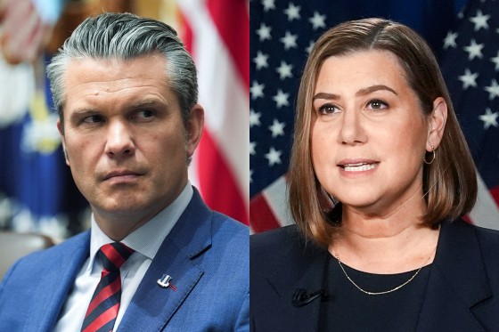 A split composite image of Pete Hegseth, left, and Elissa Slotkin
