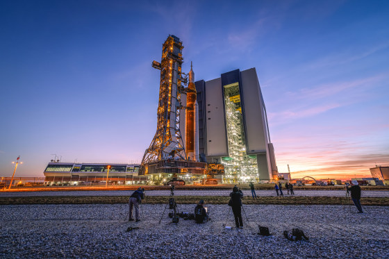 The Artemis II Space Launch System rocket and Orion spacecraft returns to the Vehicle Assembly Building at the Kennedy Space Center on Feb. 25, 2026. 