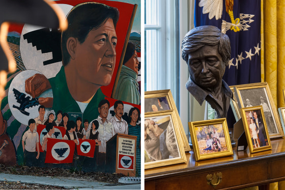 A composite of a mural in Cezar A. Chavez Memorial Park and a sculpture of Cezar Chavez in the Oval Office awaiting former President Biden.