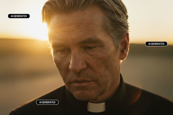The first-look image of the late Val Kilmer appearing in the upcoming film "As Deep as the Grave" using AI technology. Kilmer plays a southwestern spiritual leader named Father Fintan. 
