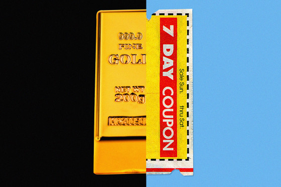 Photo illustration of a gold bar and a coupon 
