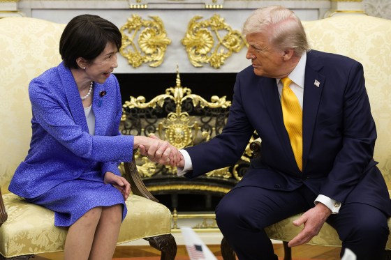 Japanese Prime Minister Sanae Takaichi shakes hands with President Donald Trump in the Oval Office