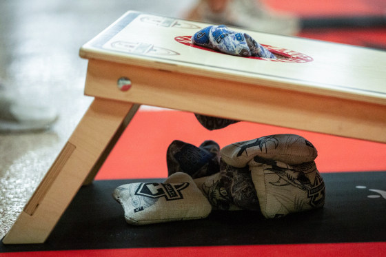 Bags fall into the "red zone" at the American Cornhole League