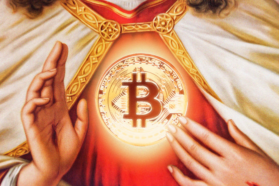 A close up of Jesus Christ making the sign of the cross with a glowing Bitcoin emblem on his robes