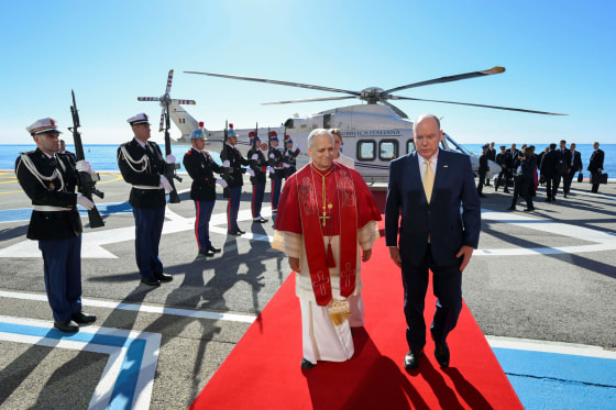 Albert II of Monaco greets Pope Leo XIV upon arrival in Monte Carlo, Monaco. Pope Leo XIV heads to the Mediterranean principality of Monaco on the French Riviera that is the pontiff's surprise pick for the first western European trip of his papacy.