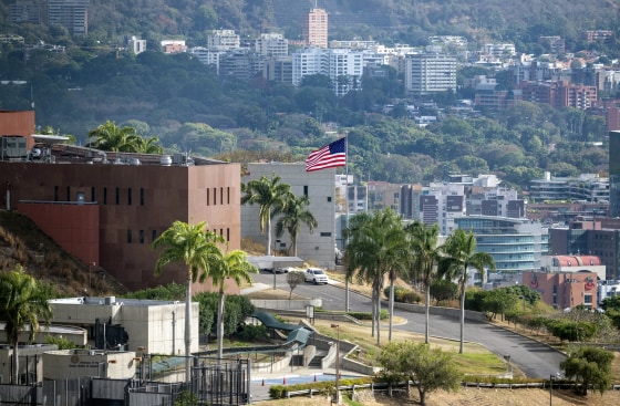 The U.S. flag flutters at the U.S. embassy in Caracas on March 14, 2026.