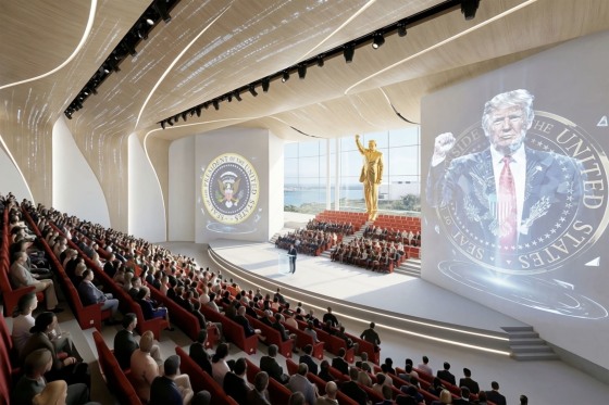 The video posted to Truth Social included an interior rendering which displayed a gold Trump statue on stage.