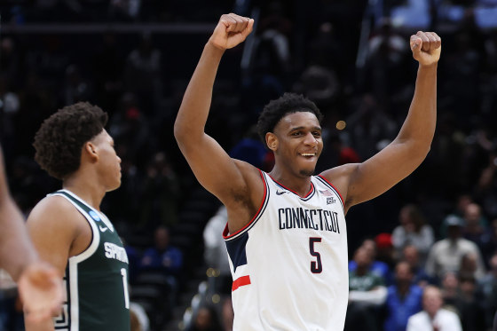 UConn's Tarris Reed Jr. celebrates after defeating the Michigan State Spartans 67-63 in the Sweet Sixteen.