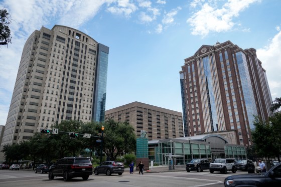 The Harris County Criminal Justice Center, left, and the Harris County Civil Courthouse are seen outside