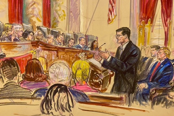 Courtroom sketch of Solicitor General D. John Sauer arguing before the Supreme Court as President Donald Trump looks on.