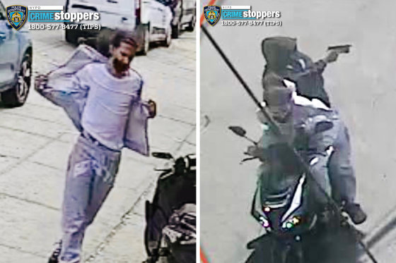 A manhunt is underway for the man, left, who drove a moped as another man, who police say is in custody, fatally shot a 7-month-old infant.