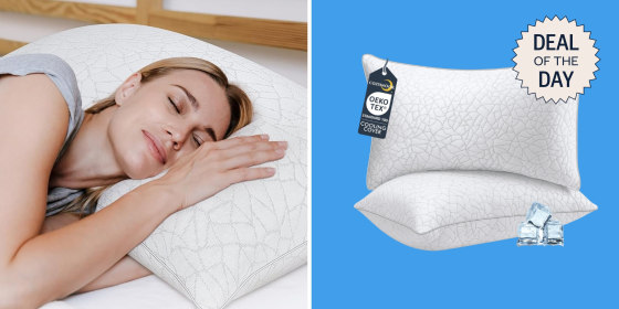 The fiber-filled pillows are covered in a cooling material that wicks sweat.