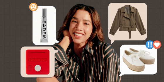Content creator and businesswoman Hannah Bronfman’s favorite things include Eadem lip balm, the Stickerbox, a trench coat from The Frankie Shop and Toms shoes.