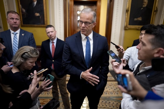 Senate Majority Leader John Thune (R-SD) speaks to members of the media outside the Senate Chamber.