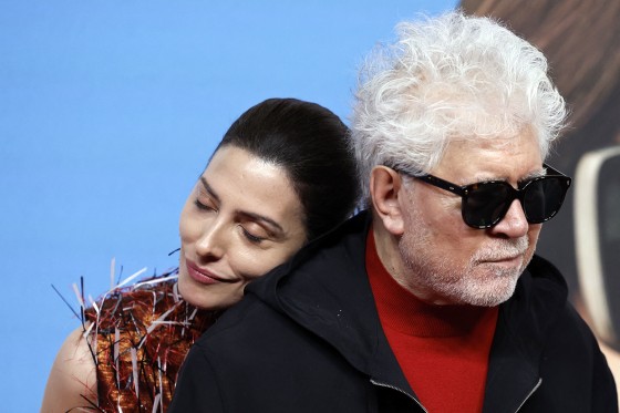 Spanish actress Barbara Lennie leans on Spanish film director Pedro Almodovar at an event for photocall for "Bitter Christmas" in Madrid on March 19, 2026.