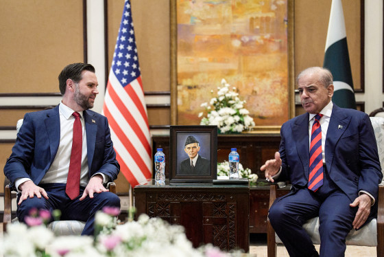 Pakistan's Prime Minister Shehbaz Sharif, right, with U.S. Vice President JD Vance, speaking while seated