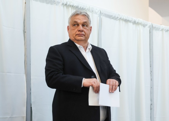 Viktor Orban stands and holds a ballot