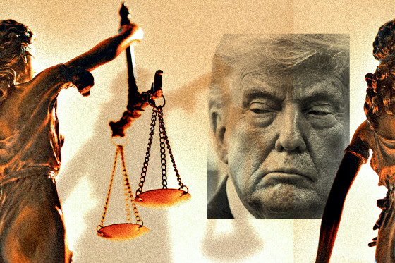 A illustration depicting Donald Trump looking off to the side, next to a statue of Lady Justice