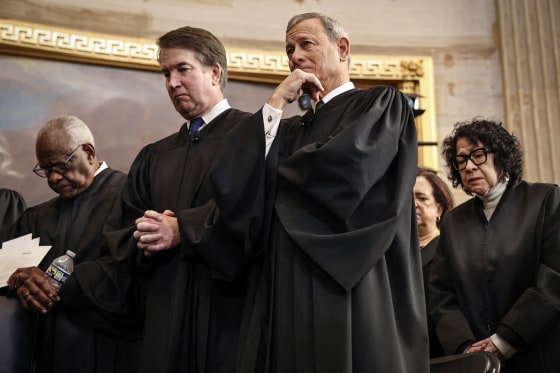 Court Justices Clarence Thomas and Brett Kavanaugh, Chief Justice John Roberts and Justice Sonia Sotomayor at inauguration ceremonies in the U.S. Capitol on Jan. 20, 2025.