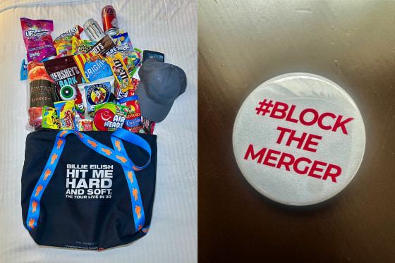 The swag bag given to CinemaCon attendees; a pin that was being handed out by activists who are against the Paramount Skydance-Warner Bros. Discovery merger.