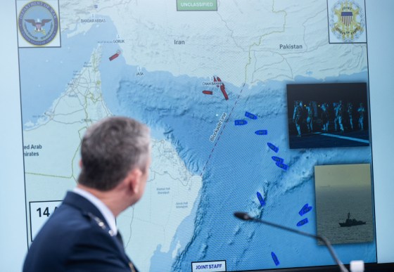 Gen. Dan Caine, chairman of the Joint Chiefs of Staff, speaks as a map of the Strait of Hormuz is displayed during a press briefing at the Pentagon in Washington, D.C., on April 16.