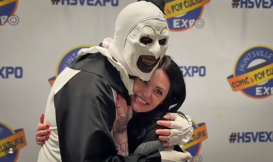 David Howard Thornton after proposing to his girlfriend while wearing his "Art the Clown" costume.