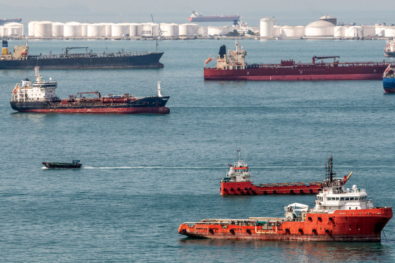 Oil tank farm and ships off the coast of Singapore