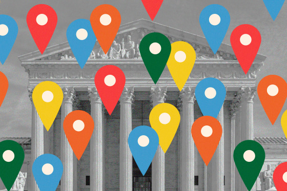 The Supreme Court in Washington with geo-locator tags of different colors spread over it.