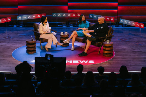 Kristen Welker with Sen. Katie Britt (R-Ala.) and John Fetterman (D-Pa.) at Common Ground in Washington on Thursday.