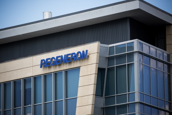 The exterior of a corporate office building with REGENERON on its facade.