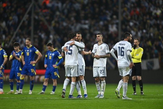 Italy's players react during their loss to Bosnia in a World Cup qualifier against Bosnia on March 31, 2026.