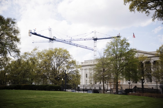 Cranes being used in the construction of a White House ballroom on April 1, 2026. 