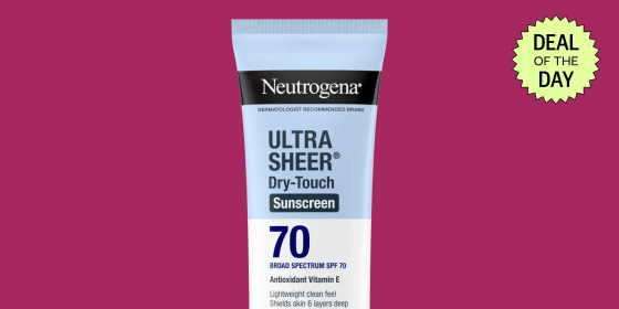 Neutrogena’s Ultra Sheer Dry-Touch Sunscreen comes in a relatively flat bottle that contains three ounces of SPF, making it great for travel.