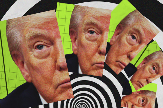 A photo illustration of Donald Trump, looking concerned, against a monochrome spiral pattern.