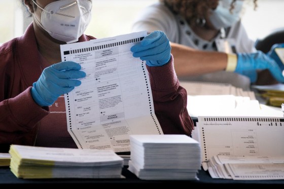 Election workers count Fulton County ballots at State Farm Arena on Nov. 4, 2020 in Atlanta, Ga.
