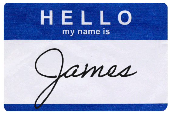"HELLO my name is" sticker with rotating names: James, John, Robert, Mary, William, Michael 