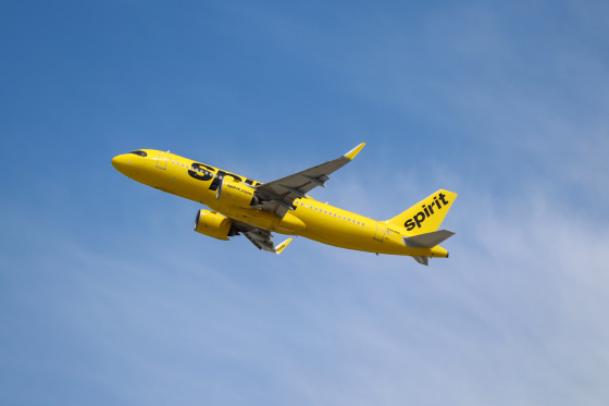 Spirit Airlines yellow aircraft soaring.