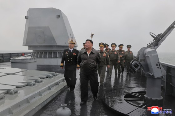 Image: North Korea's leader Kim Jong Un visits the destroyer Choe Hyon to review its maneuverability off North Korea's west coast, May 7, 2026. Independent journalists were not given access to cover the event depicted in this image distributed by the North Korean government.