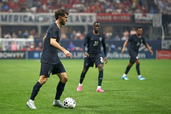 Christian Pulisic of the U.S. dribbles during a match against Portugal on March 31, 2026 in Atlanta.