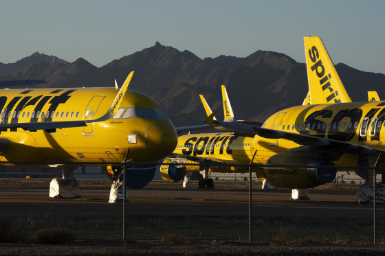 Spirit Airlines Planes Sit Parked  At Phoenix Goodyear Airport After Airline Shuts Down