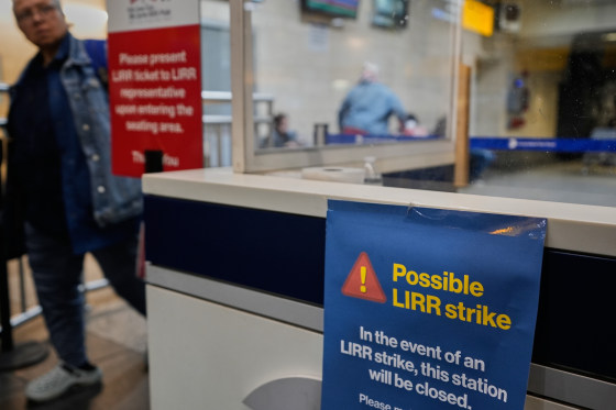 Image: A sign warns commuters of a potential Long Island Rail Road strike at Penn Station in New York.