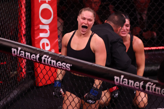 Mixed Martial Arts (MMA) fighter Ronda Rousey reacts after defeating Gina Carano during their Featherweight Bout at the Intuit Dome in Inglewood, California, on May 16, 2026.