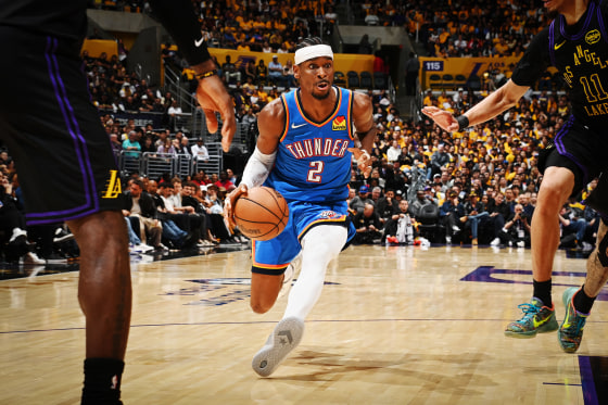 Shai Gilgeous-Alexander of the Oklahoma City Thunder drives to the basket during a game against the Los Angeles Lakers on May 11, 2026.