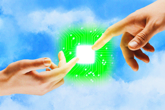 Two hands reach out, in the style of "The Creation of Adam," against a blue sky. A glowing green computer chip hovers between the fingers.