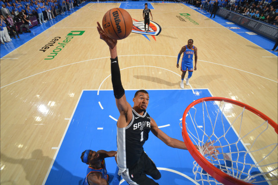 OKLAHOMA CITY, OK - MAY 18: Victor Wembanyama #1 of the San Antonio Spurs drives to the basket during the game against the Oklahoma City Thunder during Game One of the NBA Western Conference Finals on May 18, 2026 at Paycom Center in Oklahoma City, Oklahoma.